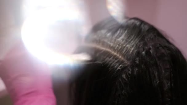 beautiful black hair on the background of beauty salon and synthetic light - Footage, Video