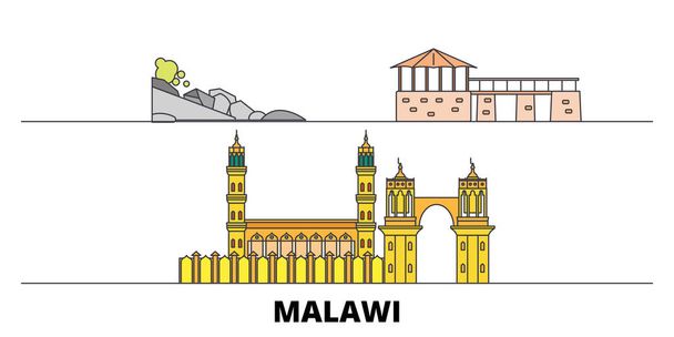 Malawi plana monumentos vector ilustración. Malawi línea de la ciudad con lugares de interés turístico famosos, horizonte, diseño
.  - Vector, Imagen