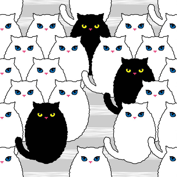 Seamless pattern with decorative Cats. Funny lovely Cats. Brushwork. Hand hatching. Doodle. Can be used for wallpaper, textile, invitation card, wrapping, web page background. - Vector, Image