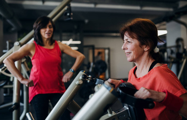 Two cheerful senior women in gym doing strength workout exercise. - Foto, afbeelding