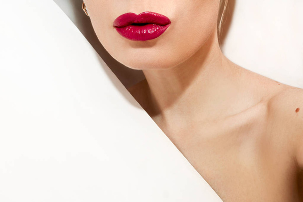 Glamorous fashion girl with red lips on white background. - Фото, зображення