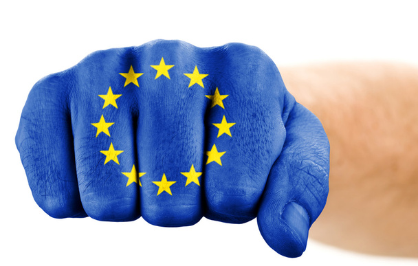 Puño con bandera sindical europea aislada sobre blanco
 - Foto, imagen