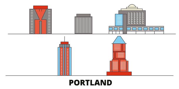 Vereinigte Staaten, Portland Stadt flache Landmarken Vektorillustration. Vereinigte Staaten, Portland City Line City mit berühmten Sehenswürdigkeiten, Skyline, Design.  - Vektor, Bild