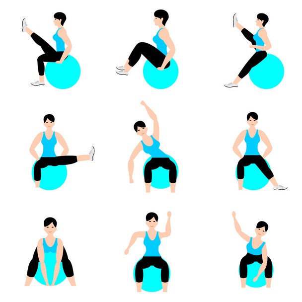 Set of young girls doing exercises in the gym. Beautiful young woman doing exercises with ball. Full color flat vector illustration.  - Vector, Image