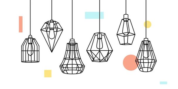 Industrial Metal Cage Pendant Light Hanging Lamp Edison Bulb lighting vector icon illustration outline line - Vector, Image
