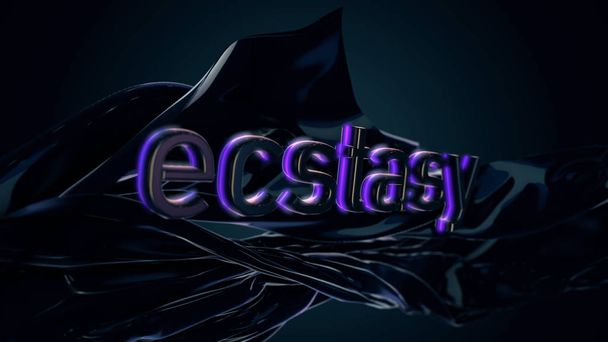 Le mot ecstasy tapé sur noir, abstrait, texture soyeuse, concept sexuel. Inscription ecstasy sur soie fluide sur fond noir
. - Photo, image