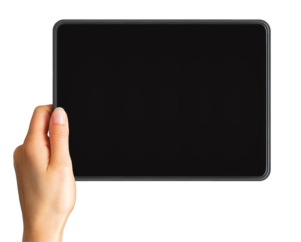 Womens hand showing black tablet, concept of taking photo or selfie - Foto, afbeelding