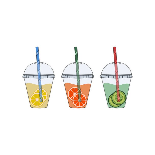 Свежий сок в пластиковых чашках векторной иллюстрации. Сок с фруктами в чашке на вынос
. - Вектор,изображение