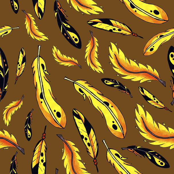 黄色とオレンジの羽シームレス パターン。カラフルな鳥の羽の web および印刷目的のため背景の繰り返し. - 写真・画像