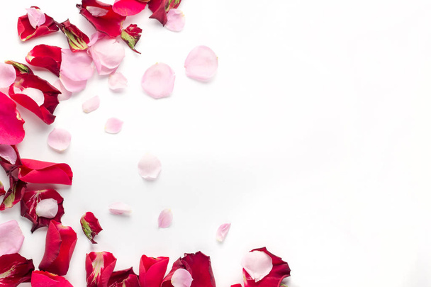 Flores de rosa pétalos sobre fondo blanco. Fondo del día de San Valentín. Plano, vista superior, espacio para copiar
. - Foto, Imagen