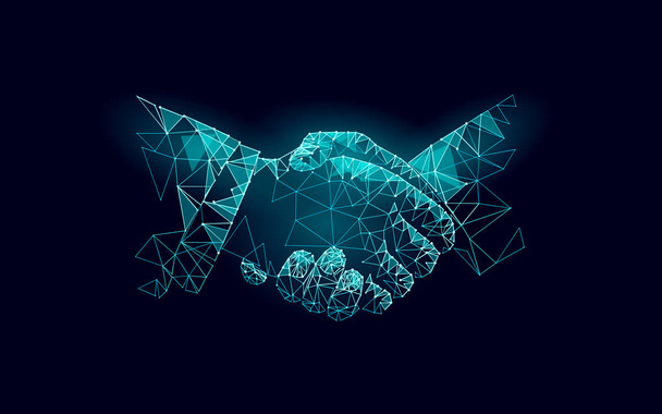 Two hands handshake business agreement. Low poly polygonal triangle professional work partnership. Office succsesfull teamwork vector illustration - Διάνυσμα, εικόνα