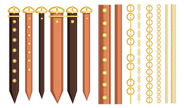 Set of belt leather and metal elements. Chain and braided design. Flat vector illustration on white background. Strap for belt or hand watches - Vector, Image