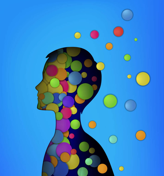 emotions concept, boy head filling with colored rounds, childhood concept, inner happiness, - Vector, Image