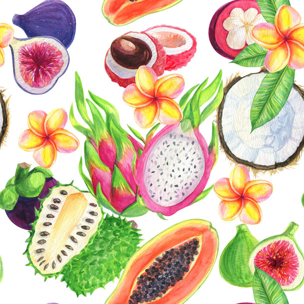 Υδατογραφήματα χωρίς ραφές μοτίβα φρούτα καλοκαίρι, τροπικά λουλούδια. Για το σχεδιασμό υφασμάτων, φόντο για πρόσκληση, γάμο ή πρότυπο κάρτα γενεθλίων - Φωτογραφία, εικόνα
