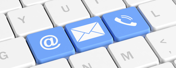Kontaktieren Sie uns. blaue Tasten mit Mail- und Telefonschildern auf einer Computertastatur, Banner. 3D-Illustration - Foto, Bild