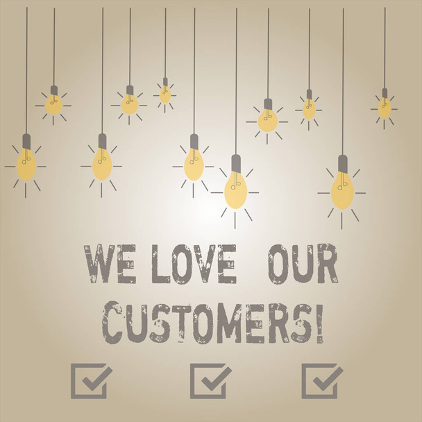 Writing note showing We Love Our Customers. Business photo showcasing Client deserves good service satisfaction respect. - Photo, Image
