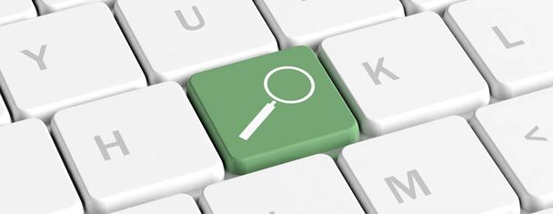 Αναζήτηση, κλειδί υπολογιστή. Πράσινο πλήκτρο με ένα μεγεθυντικό φακό στο πληκτρολόγιο του υπολογιστή, banner. 3D απεικόνιση - Φωτογραφία, εικόνα