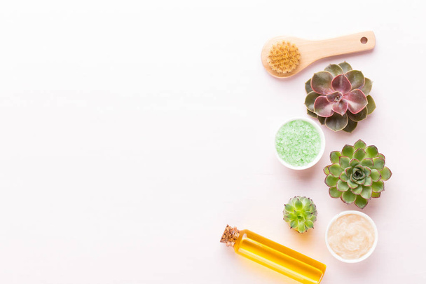 Spa background with handmade bio cosmetic and  cactus compositio - Foto, imagen