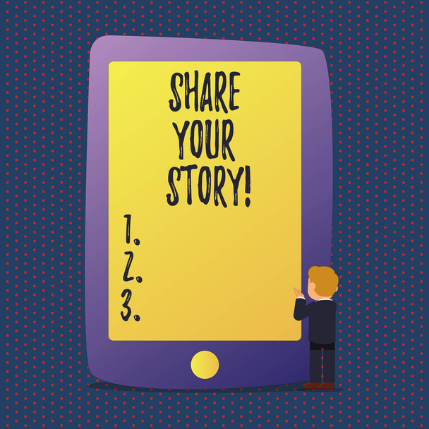 Tekst pisma Share Your Story. Koncepcję co oznacza doświadczenie Nostalgia pamięci osobiste. - Zdjęcie, obraz