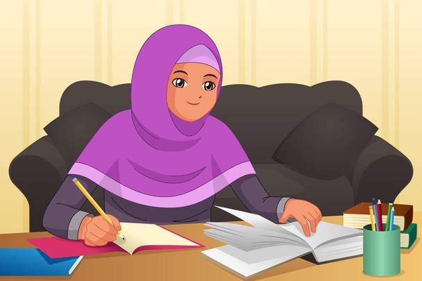 Muslim Girl Doing Homework at Home Illustration - Vector, Image