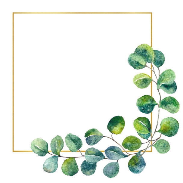 Watercolor eucalyptus golden frame. Frame with green leaves, foliage. Hand painted artistic wedding decor. Template for invitations, greeting cards, flyers and banners. - Photo, Image