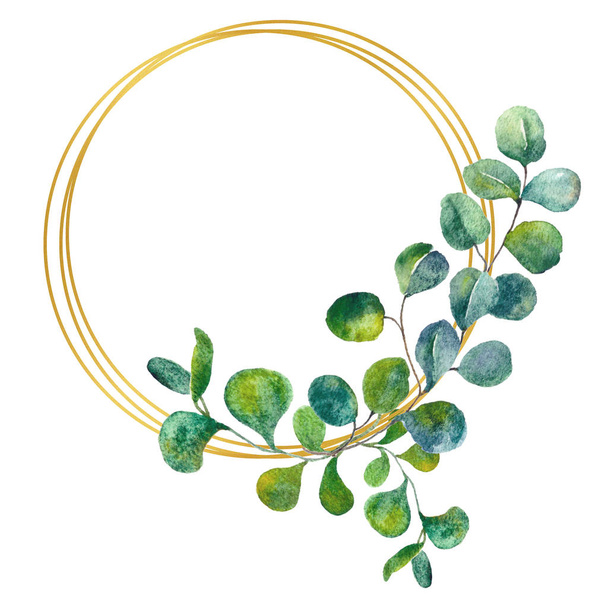 Watercolor eucalyptus golden frame. Frame with green leaves, foliage. Hand painted artistic wedding decor. Template for invitations, greeting cards, flyers and banners. - Foto, Imagem