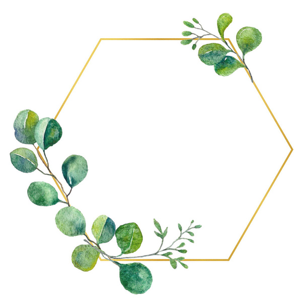 Watercolor eucalyptus golden frame. Frame with green leaves, foliage. Hand painted artistic wedding decor. Template for invitations, greeting cards, flyers and banners. - Valokuva, kuva