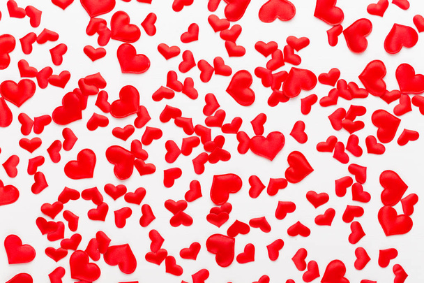 Valentines day background red hearts on white wooden background. - Photo, image