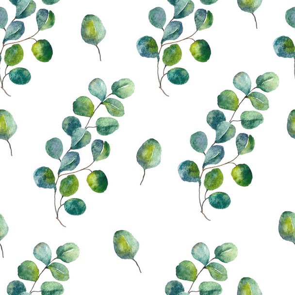 Seamles pattern with eucalyptus leaves. Green foliage and botanical watercolor pattern. - Φωτογραφία, εικόνα