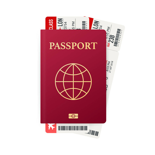 Passeport avec billets. Concept de voyage aérien. Flat Design citoyenneté ID pour voyageur isolé. Illustration vectorielle
. - Vecteur, image