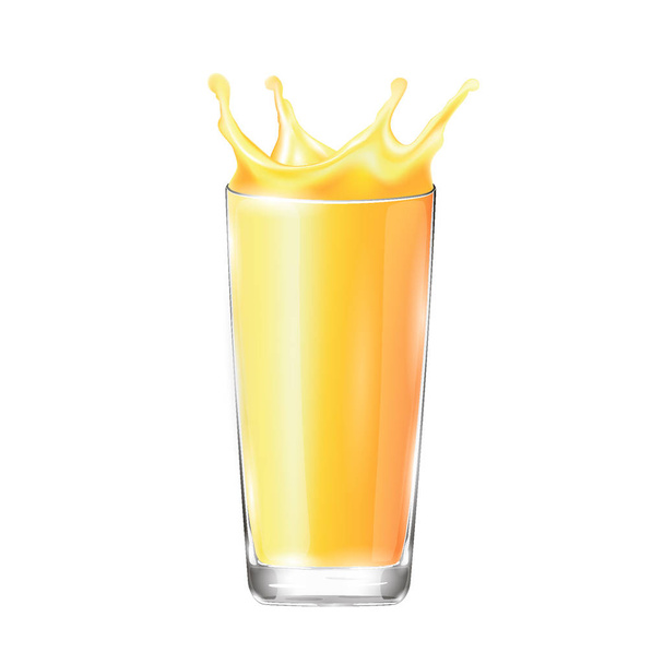 Glass with juice. Juice in a glass. Glass with juice on a white background. Crown-shaped juice spray - Vektori, kuva