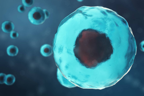 Célula de un organismo vivo, concepto científico. Ilustración sobre fondo azul. La estructura de la célula a nivel molecular, bajo un microscopio. ADN encriptado en la célula, ilustración 3D
 - Foto, Imagen
