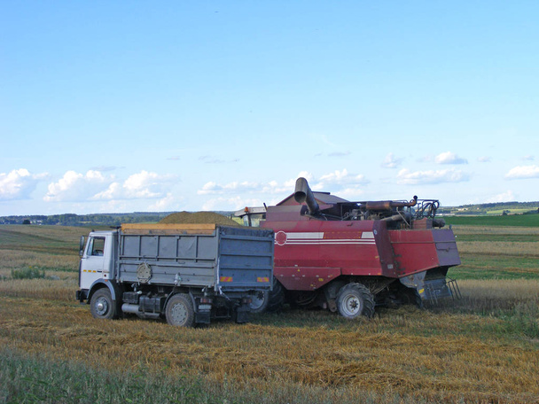 Combine colheitadeira e caminhão no campo
 - Foto, Imagem