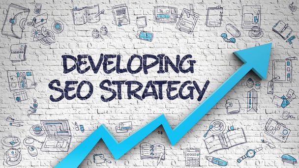 Developing SEO Strategy Drawn on White Brickwall. 3d. - Photo, Image