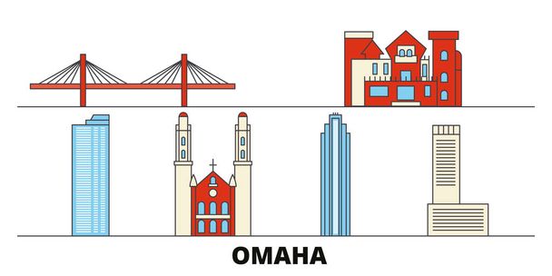 Egyesült Államok, Omaha lapos tereptárgyak vektoros illusztráció. Egyesült Államok, Omaha vonal város híres utazási látnivalók, városkép, design.  - Vektor, kép