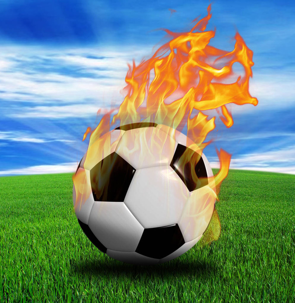 Fußball in Feuer isoliert auf schwarzem Hintergrund. 3D-Darstellung.   - Foto, Bild