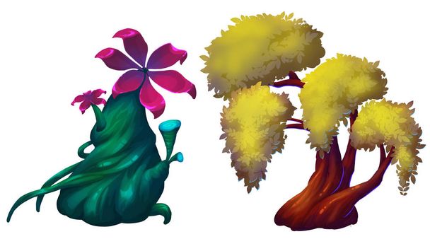 Pflanzen gesetzt. große Blumenbäume. realistische fantastische Szene im Cartoon-Stil, Tapete, Hintergrunddesign. Illustration - Foto, Bild