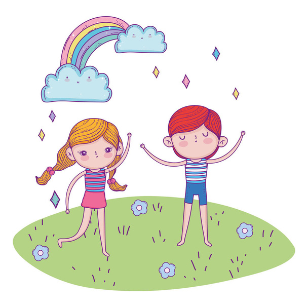 дівчина і хлопчик грають в пейзажі з веселкою
 - Вектор, зображення