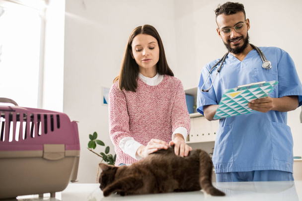 Young brunette woman reassuring her cute pet on medical table while doctor making prescriptions - Photo, Image
