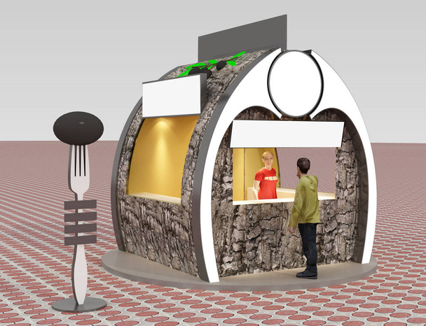 olijf retail store promo kiosk oorspronkelijke gedetailleerde ontwerp en 3D-rendering. handel en retail concepten. - Foto, afbeelding