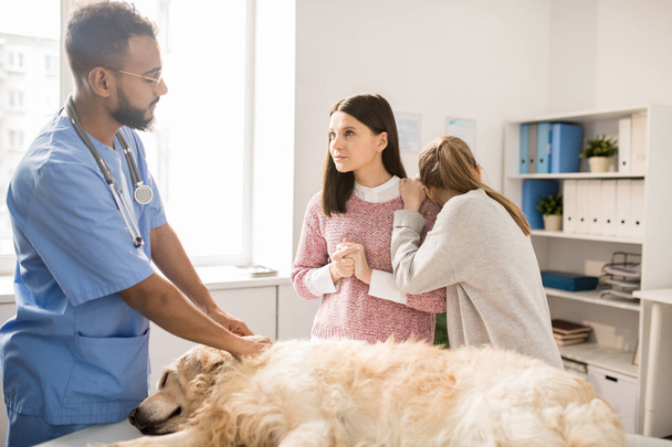 Młody lekarz weterynarii Dokonywanie zabiegu chory pies i konsultacji martwi się kobieta i jej córka w klinikach - Zdjęcie, obraz