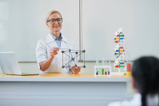 Onnellinen blondi kypsä kemian opettaja osoittaa molekyylimallia selittäen sen rakenteen luokalle
 - Valokuva, kuva