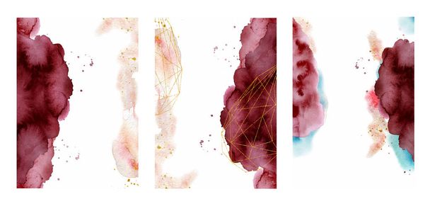Watercolor abstract background, hand drawn watercolour burgundy and gold texture - Vektor, obrázek
