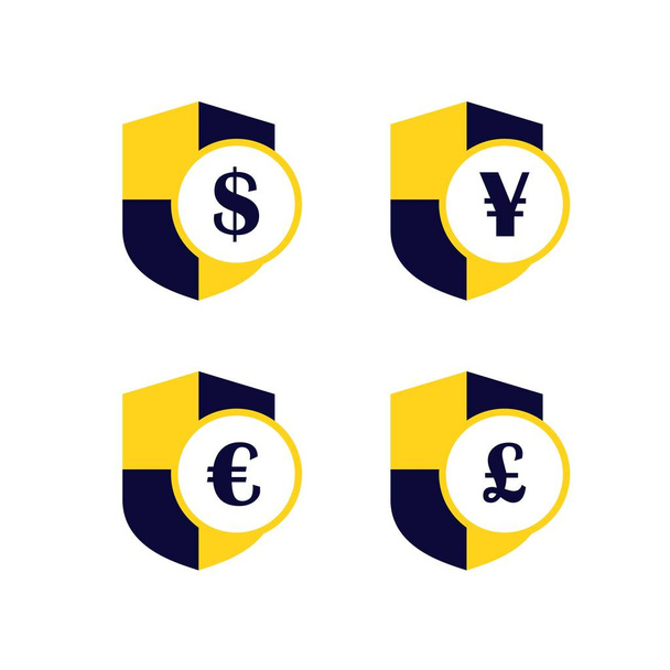 turvallinen maksu kolikon kilpi dollari jeni yuan punta euro logo vektori kuvake asetettu
 - Vektori, kuva