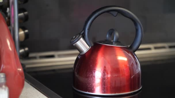 A close up van een waterkoker gebruikte glanzende rode thee met ronde zwart handvat en chroom uitloop op een fornuis stoom uitblazen en het maken van een krijsende fluiten ruis die aangeeft zijn warm. - Video
