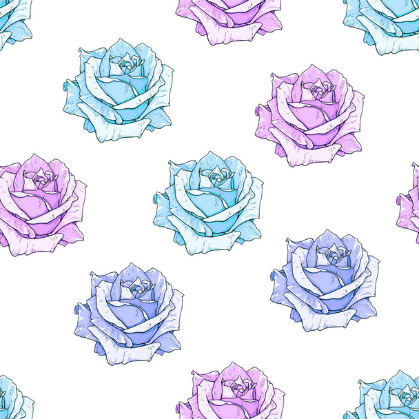 Drawn biue roses seamless background. Flowers illustration front view. Pattern in romantic style for design of fabrics - Foto, imagen
