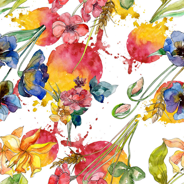 Luxury fashion prints with wildflowers. Wild spring leaf wildflower. Watercolor illustration set. Watercolour drawing fashion aquarelle. Seamless background pattern. Fabric wallpaper print texture. - Φωτογραφία, εικόνα