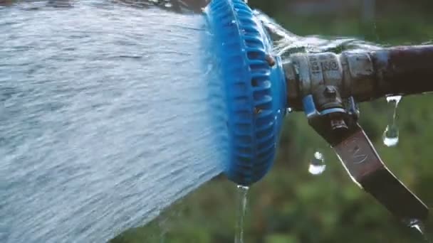 sprudelndes Wasser, das im Sommer in Zeitlupe aus einem Duschkopf im Garten fließt - Filmmaterial, Video