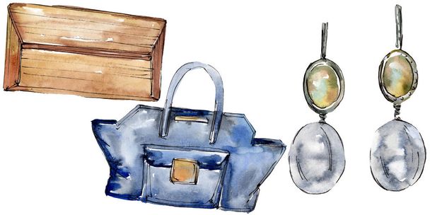 Fashionable sketch fashion glamour illustration in a watercolor style isolated aquarelle element. Clothes accessories set trendy vogue outfit. Watercolour background illustration set. - 写真・画像