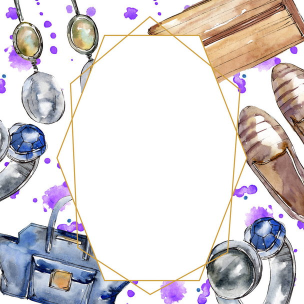Fashionable sketch in a watercolor style isolated aquarelle element. Clothes accessories set trendy vogue outfit. Watercolour background illustration set. Frame border crystal ornament square. - Photo, image